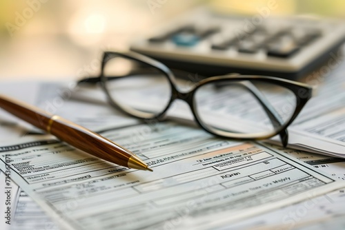 Tax forms with calculator and glasses  indicating meticulous tax preparation