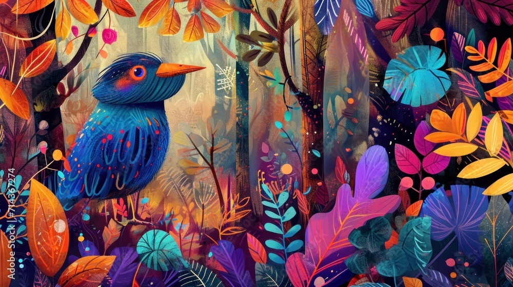  a painting of a colorful bird sitting in a forest filled with leaves and flowers on a sunny day with a blue bird standing in the middle of the forest with bright colors.