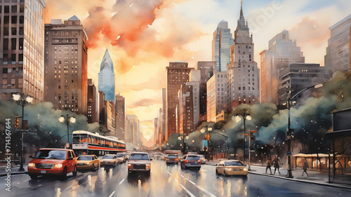 Watercolor painting capturing the iconic skyline of a bustling city at sunset, with the warm glow reflecting off the buildings. © NaphakStudio
