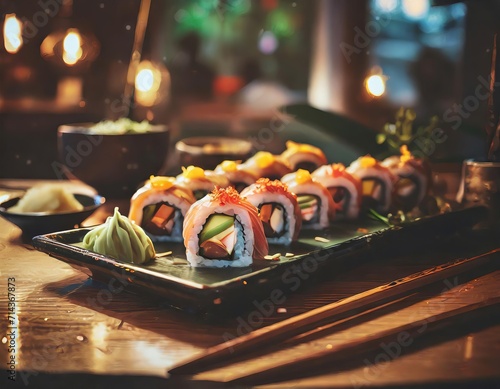 Sushi é uma culinária japonesa refinada que combina arroz temperado com vinagre, peixe fresco e outros ingredientes, proporcionando uma experiência gastronômica única e equilibrada. AI generation. photo