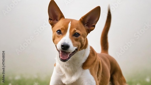 Adorable brown and white basenji dog smiling and giving a high five isolated on white photo