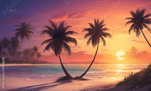 sunset over beach with palm tree silhouettes