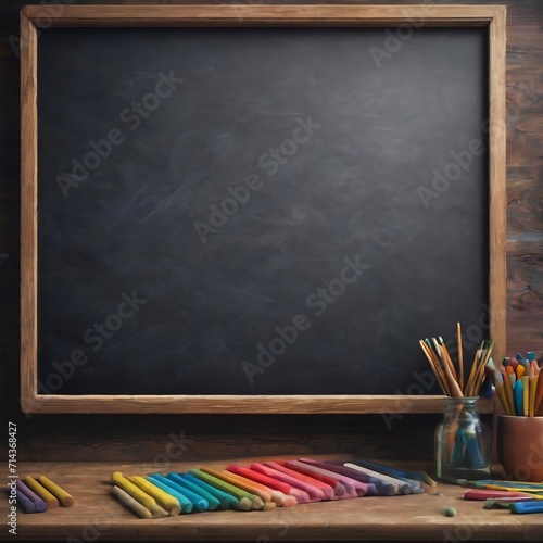 Textured blackboard with chalks and eraser