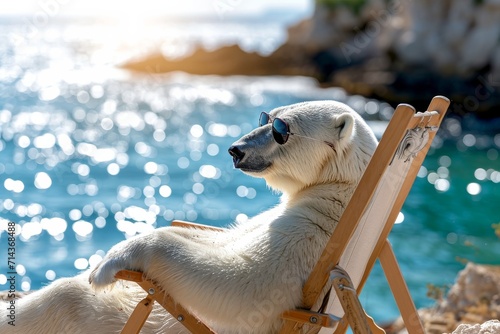A cool and confident polar bear lounges in the sun, sporting stylish shades and enjoying the refreshing ocean breeze on a sandy beach photo