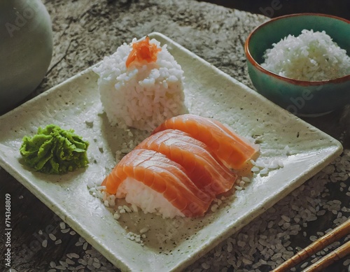 Sushi é uma culinária japonesa refinada que combina arroz temperado com vinagre, peixe fresco e outros ingredientes, proporcionando uma experiência gastronômica única e equilibrada. AI generation. photo