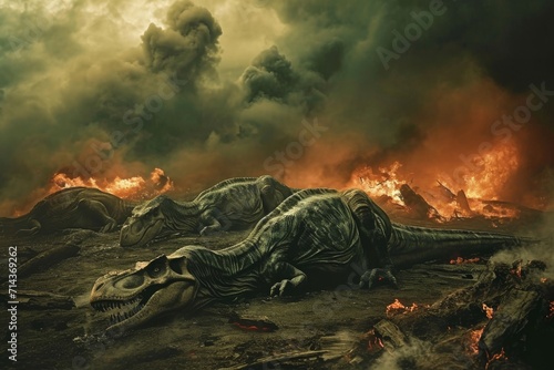 In the midst of a natural disaster, ancient creatures lay defeated as the fiery mountain spews forth destruction and pollution, engulfing the peaceful landscape in a chaotic wildfire