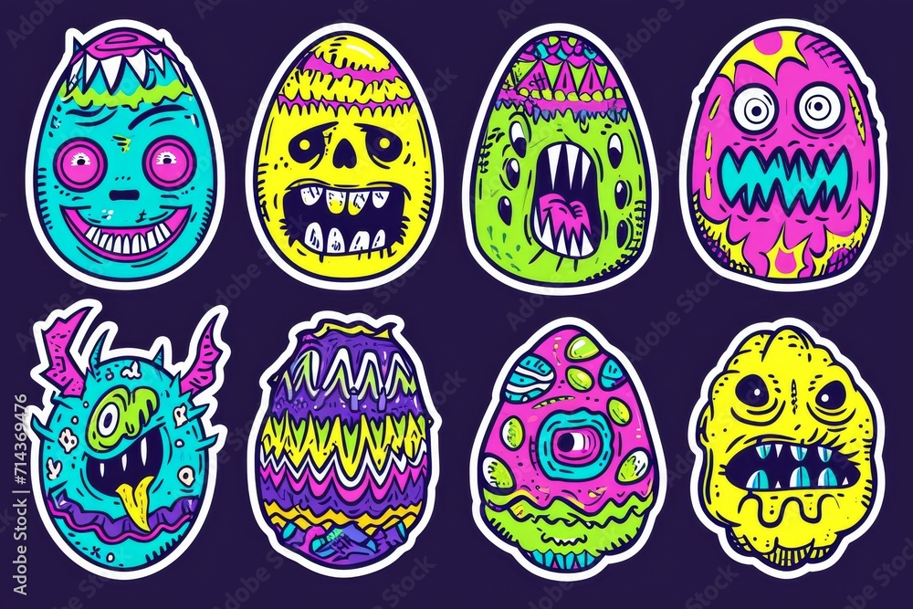 A colorful collection of childlike cartoon eggs, each with their own unique expression, surrounded by playful graphics and designs, all contained within a vibrant circular illustration