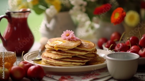 Cozy homemade breakfast pancakes with apple sauce Ai Generative