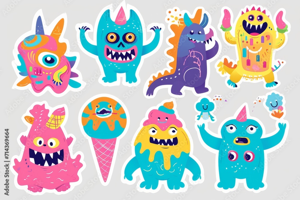 Playful child art brings to life a colorful world of animated cartoon monsters, filled with whimsy and charm in this clipart illustration