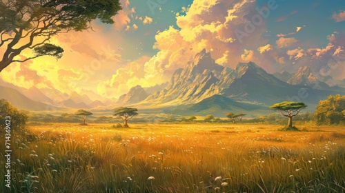  a painting of a landscape with mountains in the background and trees in the foreground, and grass in the foreground, and yellow flowers in the foreground.