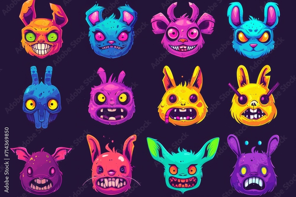 Whimsical creatures come to life in a vibrant, playful illustration of cartoon monsters, each with their own unique animal-inspired features, brought to life with clipart-style art Whimsical creatures come to life in a vibrant, playful illustration of cartoon monsters, each with their own unique animal-inspired features, brought to life with clipart-style art