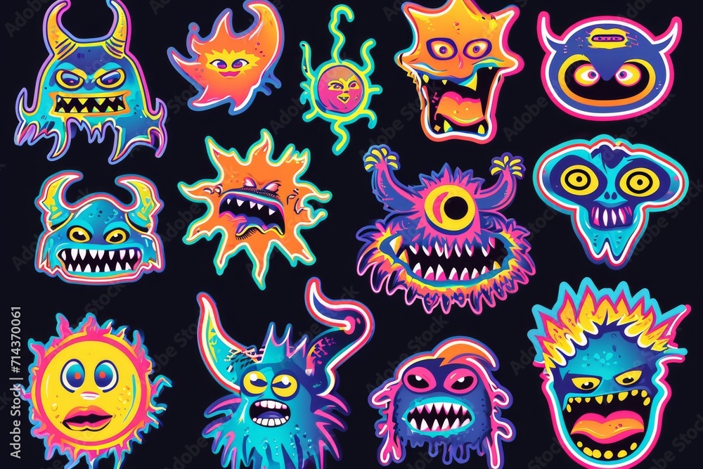Obraz premium A playful gang of colorful cartoon monsters come to life in a whimsical clipart-style illustration full of vibrant art and eye-catching graphics