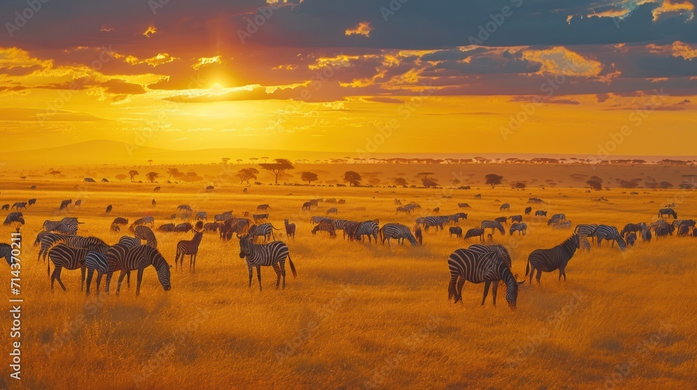  a herd of zebras grazing on a dry grass field with the sun setting in the distance in the distance, with trees and bushes in the foreground, in the foreground.