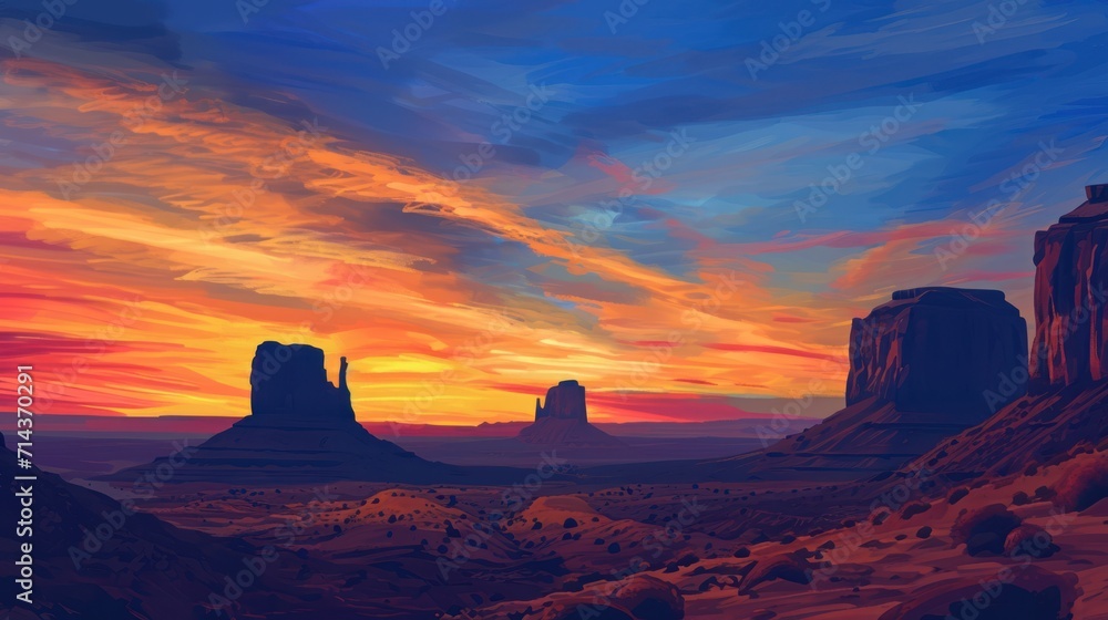  a painting of a sunset in the desert with mountains and a sky filled with orange and blue clouds and a red and yellow sunset in the middle of the sky.
