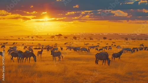  a herd of zebras grazing on a dry grass field with the sun setting in the distance in the distance  with trees and bushes in the foreground  in the foreground.