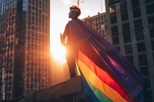 A vibrant figure donning a rainbow cape stands proudly atop a towering building, with the expansive cityscape and golden sun as their backdrop, a symbol of inclusivity and pride photo