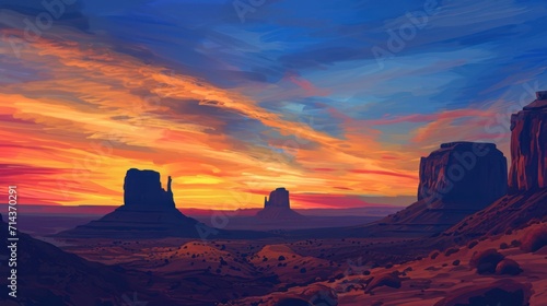  a painting of a sunset in the desert with mountains and a sky filled with orange and blue clouds and a red and yellow sunset in the middle of the sky.