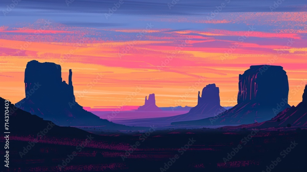  a painting of a sunset in the desert with mountains in the foreground and a red sky in the background with a few clouds in the middle of the sky.