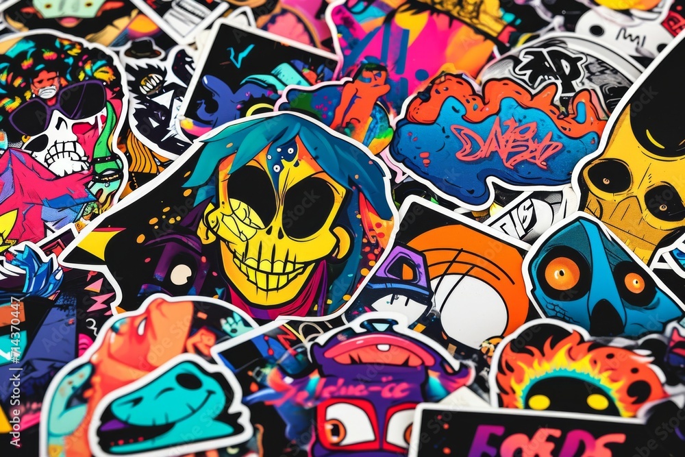 An explosion of creative expression, a vibrant mix of styles and techniques captured on a canvas of colorful stickers