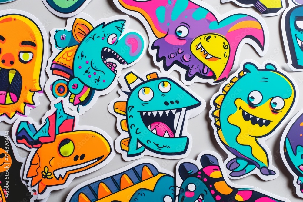 Fototapeta premium Whimsical cartoon creatures come to life in a vibrant illustration, showcasing the art of drawing and painting through playful graphics and lively clipart