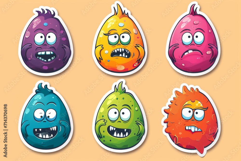 Fototapeta premium An enchanting collection of whimsical cartoon monsters, brought to life through child-like art and playful clipart, adorned with colorful illustrations and ornamental details