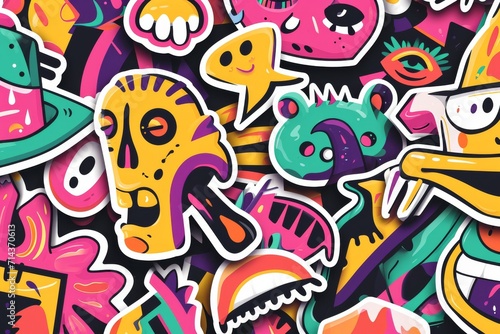 Vibrant cartoon stickers come to life with a modern twist of psychedelic art  blending intricate graphics and playful illustrations on fabric with a touch of graffiti flair
