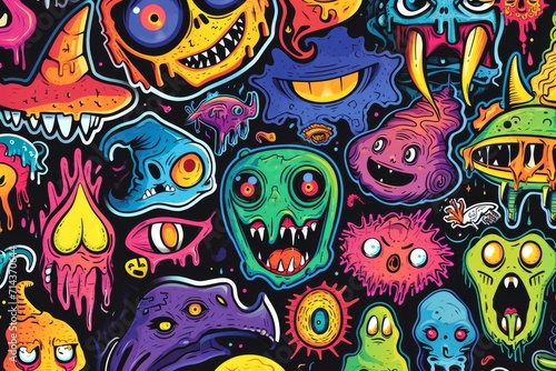 A vibrant canvas of cartoon characters, each brimming with unique emotions and expressions, brought to life through a psychedelic blend of drawing, painting, and modern art