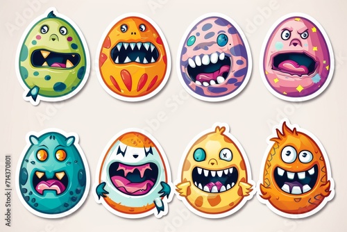 A whimsical halloween-themed art piece featuring a quirky group of cartoon eggs, each with its own unique expression