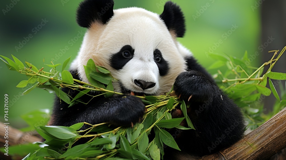 Cute panda bear peacefully eating fresh bamboo in its natural habitat Cute panda bear peacefully eating fresh bamboo in its natural habitat