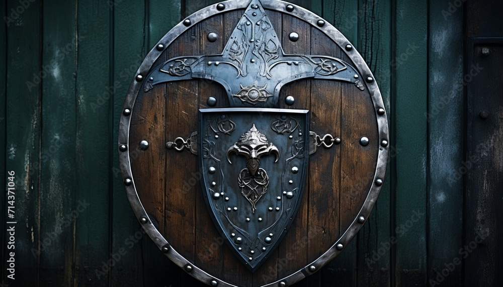 Weathered viking shield with intricate wood grain and battle scars, showcasing texture and history