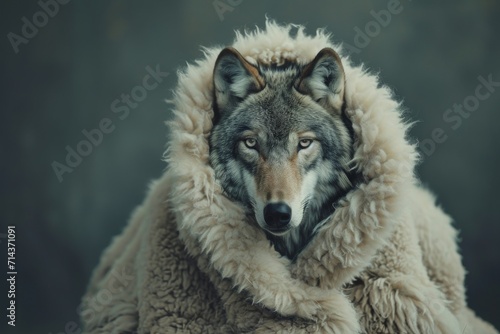 In the cold wilderness  a majestic wolf dons a luxurious fur coat  exuding confidence and dominance as a fierce canis  embodying the untamed beauty of the outdoors with its sleek snout and wild dog-l
