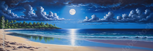 Moonlight magic: tranquil scene of beach, forest, and cloudy sky with full moon illuminating the ocean