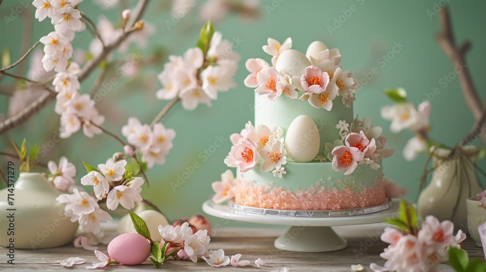 a three tiered cake decorated with flowers and eggs on a table next to a vase of flowers and a vase of eggs on a stand with pink and white flowers. a three tiered cake decorated with flowers and eggs on a table next to a vase of flowers and a vase of eggs on a stand with pink and white flowers.