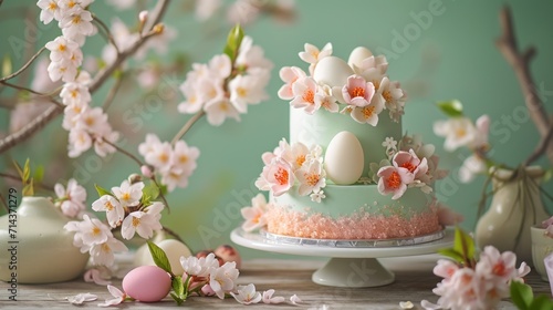 a three tiered cake decorated with flowers and eggs on a table next to a vase of flowers and a vase of eggs on a stand with pink and white flowers.