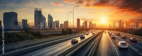 Panoramic view of a busy highway in the morning.