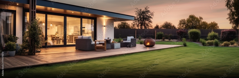 Modern villa with with big windows and a perfectly mown lawn in the evening.