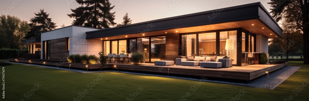 Modern villa with with big windows and a perfectly mown lawn in the evening. Modern villa with with big windows and a perfectly mown lawn in the evening.