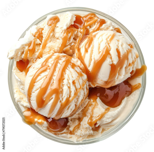 Vanilla ice cream with caramel sauce isolated.