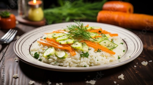 Delicious risotto with spring carrots and leeks in white plate for gourmet dining