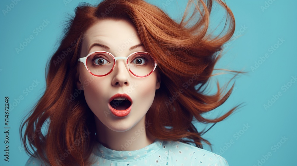 Obraz premium Surprised redhead girl in eyeglasses on blue background