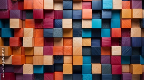 Vivid colorful wooden blocks aligned on a wide background, creating a captivating scene.