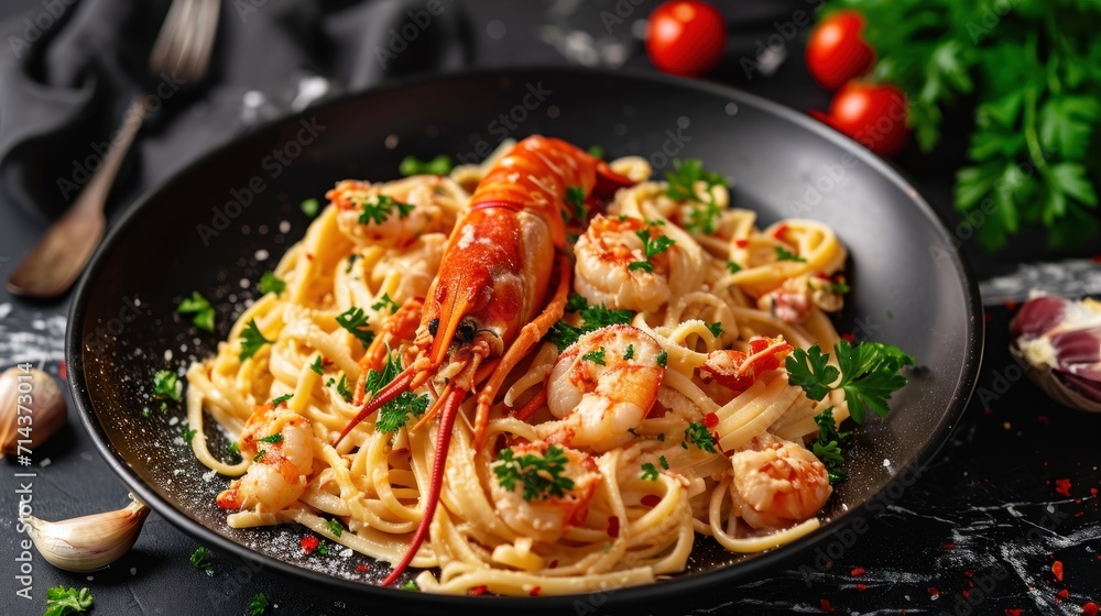 a plate of pasta with shrimp, parsley, and parsley on a black surface with garlic, parsley, garlic, and parsley on the side. a plate of pasta with shrimp, parsley, and parsley on a black surface with garlic, parsley, garlic, and parsley on the side.