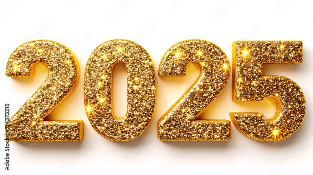 Golden metallic symbol of year 2025 isolated on white background for