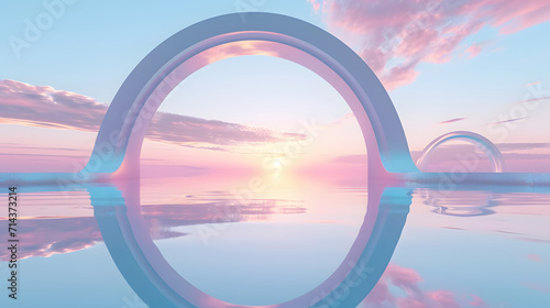 3d render, abstract panoramic background, northern futuristic landscape, fantastic scenery with calm water, simple geometric mirror arches and pastel blue gradient sky. Minimal zen aesthetic wallpaper