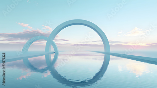 3d render, abstract panoramic background, northern futuristic landscape, fantastic scenery with calm water, simple geometric mirror arches and pastel blue gradient sky. Minimal zen aesthetic wallpaper