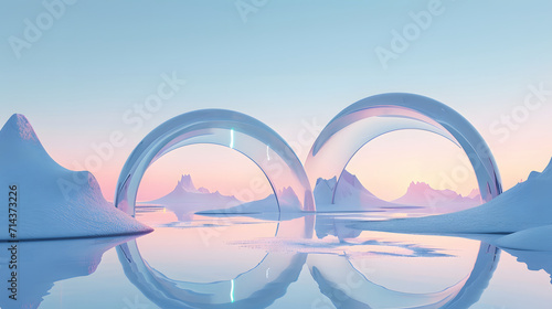 3d render, abstract panoramic background, northern futuristic landscape, fantastic scenery with calm water, simple geometric mirror arches and pastel blue gradient sky. Minimal zen aesthetic wallpaper