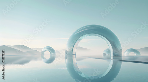 3d render, abstract panoramic background, northern futuristic landscape, fantastic scenery with calm water, simple geometric mirror arches and pastel blue gradient sky. Minimal zen aesthetic wallpaper