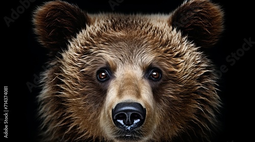 Close up of a majestic brown bear in a striking portrait, isolated on a dramatic black background
