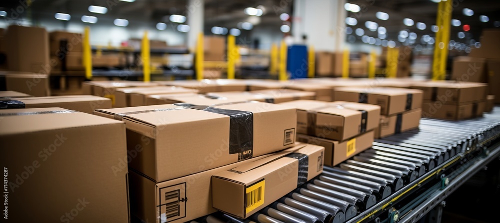 Efficient cardboard box packages moving on conveyor belt in warehouse fulfillment center Efficient cardboard box packages moving on conveyor belt in warehouse fulfillment center