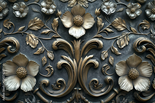 Art Nouveau Wallpaper, Relief with Blooming Flowers on a Sculpted Panel, Interior Surface Material Texture